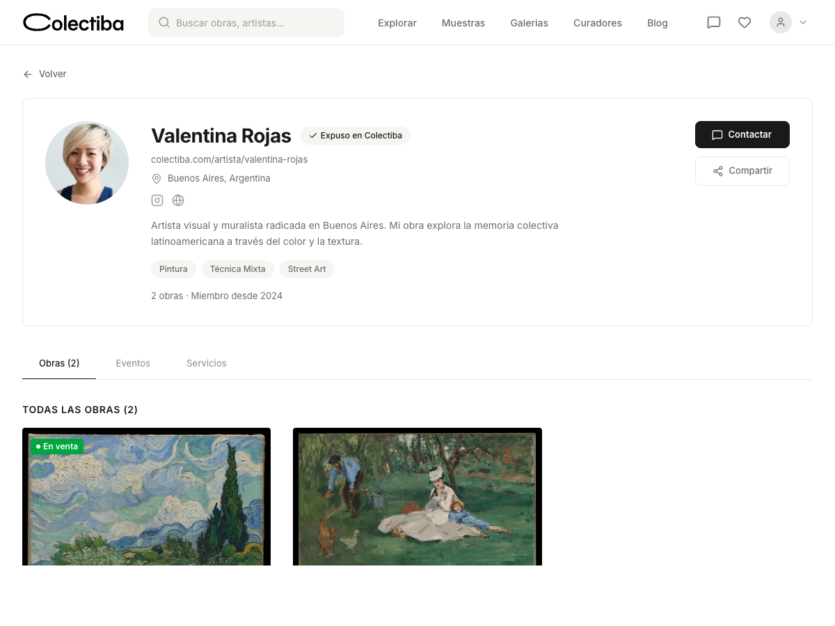 Perfil profesional de artista en Colectiba